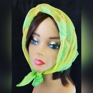 1960s Vintage Mod Green Neon Floral Scarf